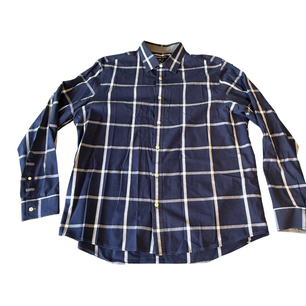 Michael Kors Mens XL Tailored Classic Fit Windowpane Button Down Shirt Navy Blue